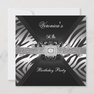 50th Birthday Silver Black Zebra Diamond Image Invitation
