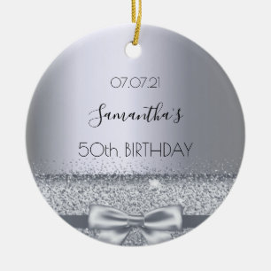 50th birthday silver bow ceramic ornament