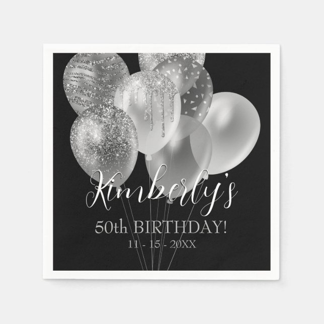 50th Birthday, Silver Glitter Balloons, Name & Age Napkins (Front)