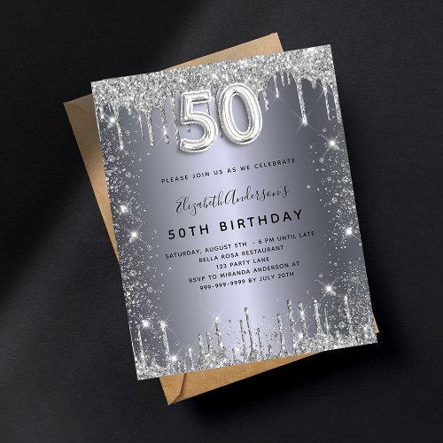 50th birthday silver glitter budget invitation flyer