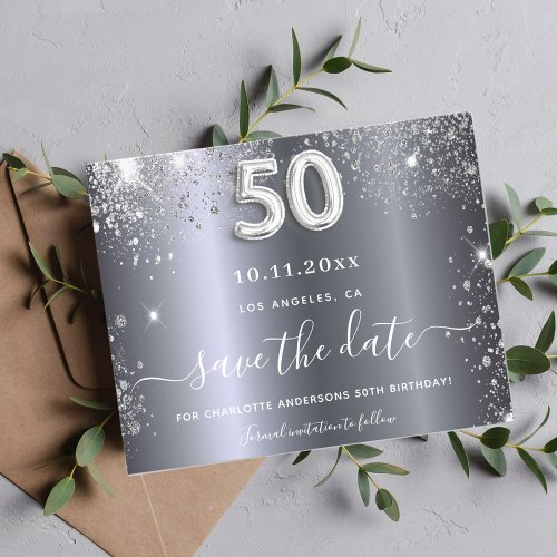 50th birthday silver glitter budget save the date flyer