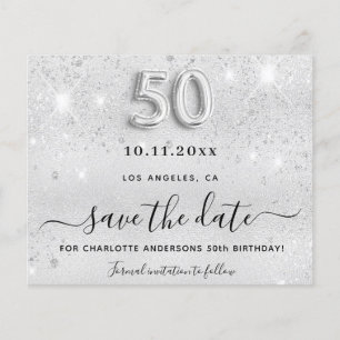 50th birthday silver glitter budget save the date flyer