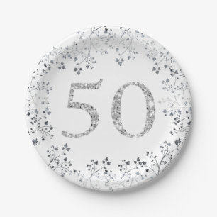 50th Birthday, Silver Glitter, Custom Paper Plates