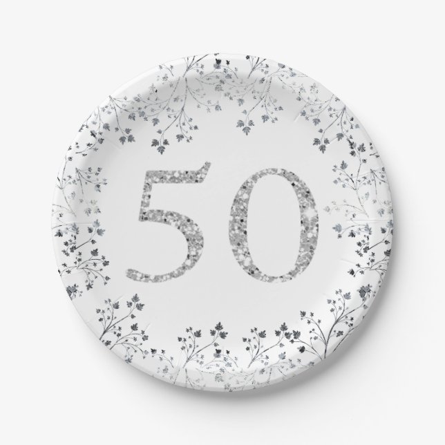 50th Birthday, Silver Glitter, Custom Paper Plates (Front)