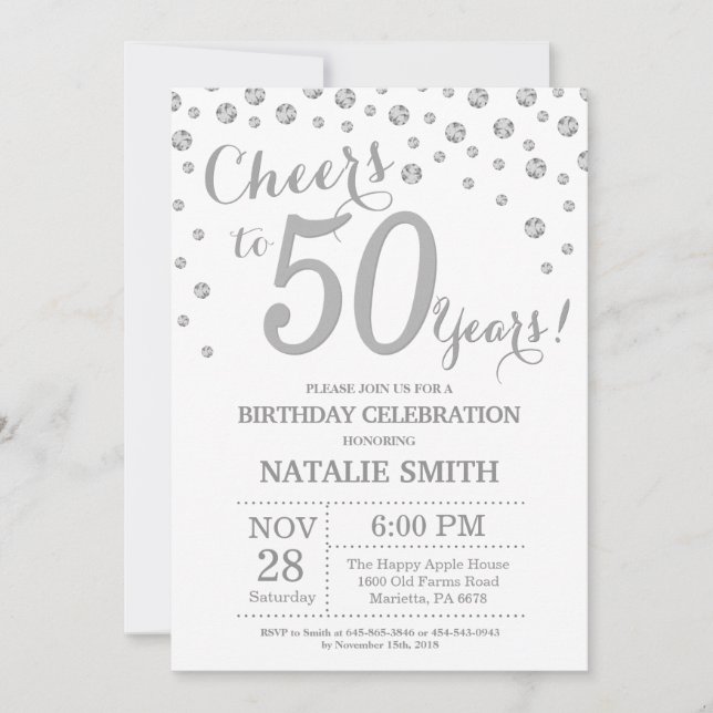 50th Birthday Silver Glitter Diamond Invitation (Front)