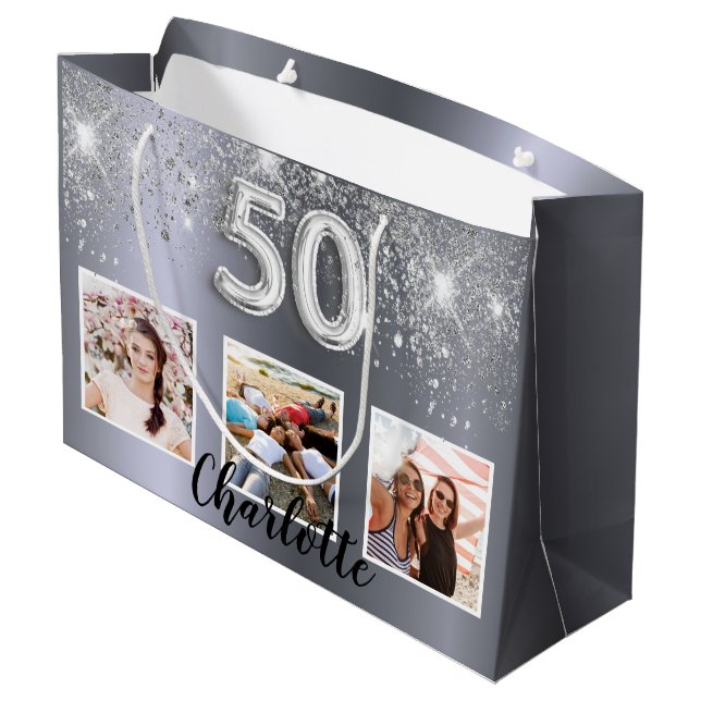 50th birthday silver glitter dust photo monogram large gift bag (Back Angled)
