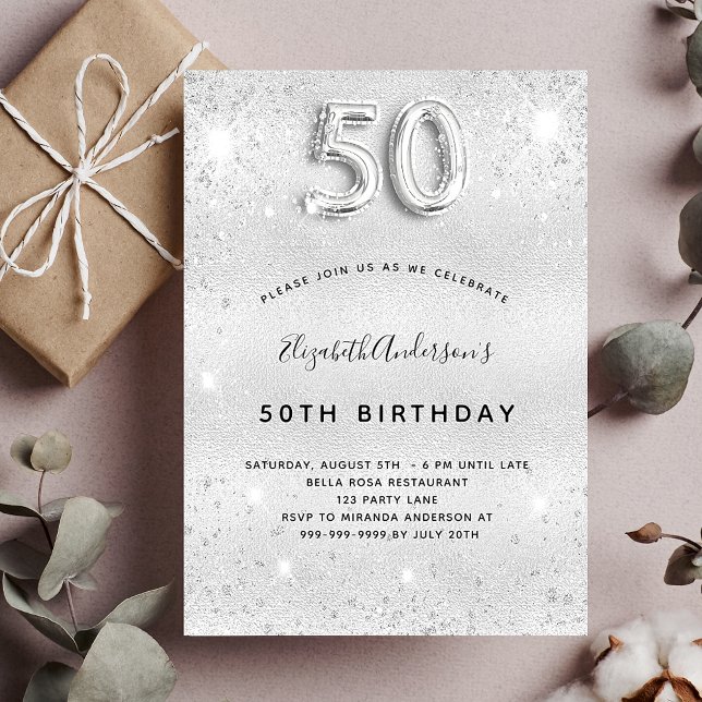 50th birthday silver glitter glamorous invitation (Creator Uploaded)