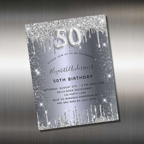 50th birthday silver glitter invitation magnet
