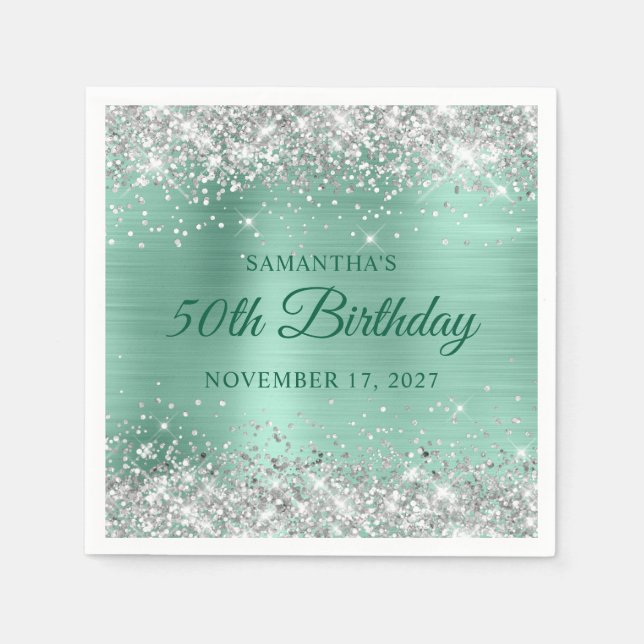 50th Birthday Silver Glitter Light Teal Foil Napkins (Front)