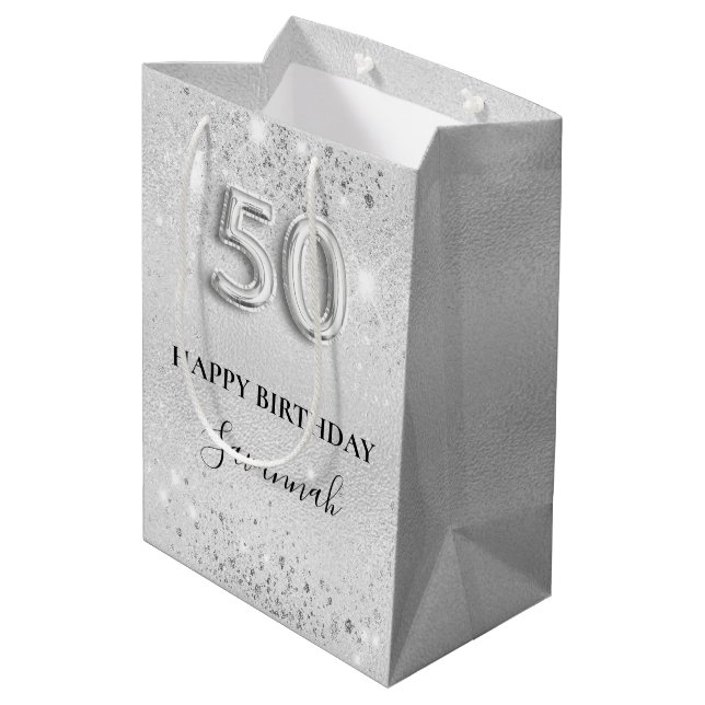 50th birthday silver glitter medium gift bag (Back Angled)