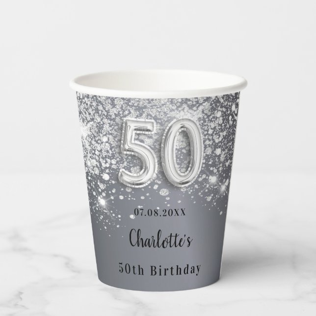50th birthday silver glitter name paper cups (Back)
