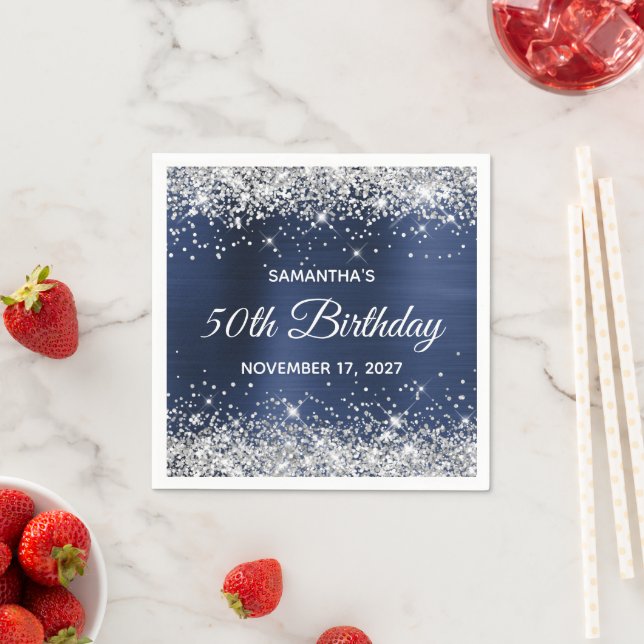 50th Birthday Silver Glitter Navy Blue Foil Napkins (Insitu)