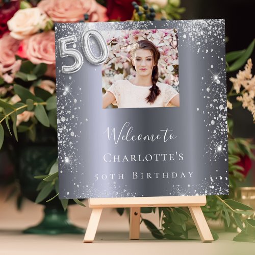 50th birthday silver glitter photo welcome foam board