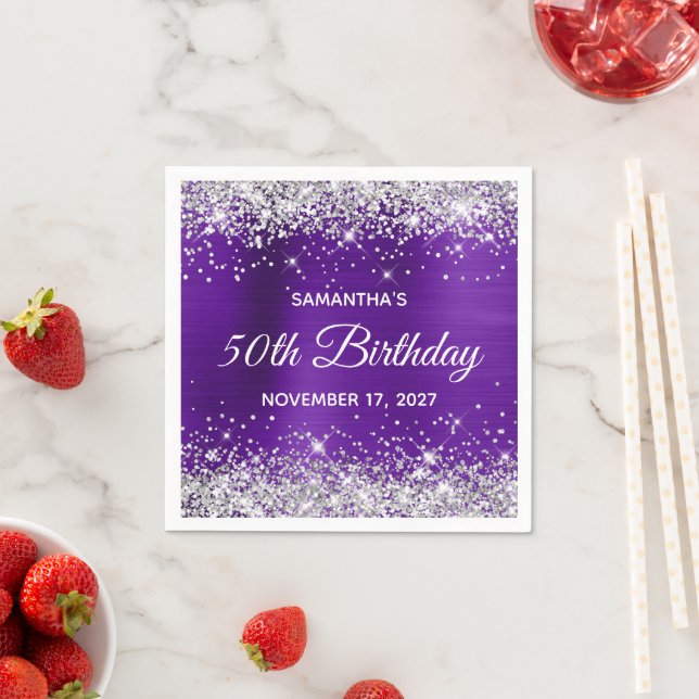 50th Birthday Silver Glitter Purple Foil Napkins (Insitu)