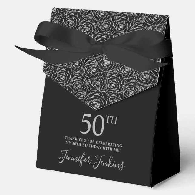 50th Birthday Silver Glitter Roses Thank You  Favor Boxes (Front)