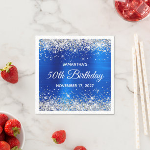50th Birthday Silver Glitter Royal Blue Foil Napkins