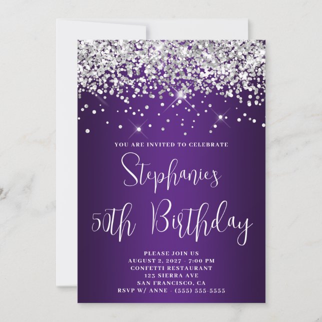 50th Birthday Silver Glitter Royal Purple Ombre Invitation (Front)