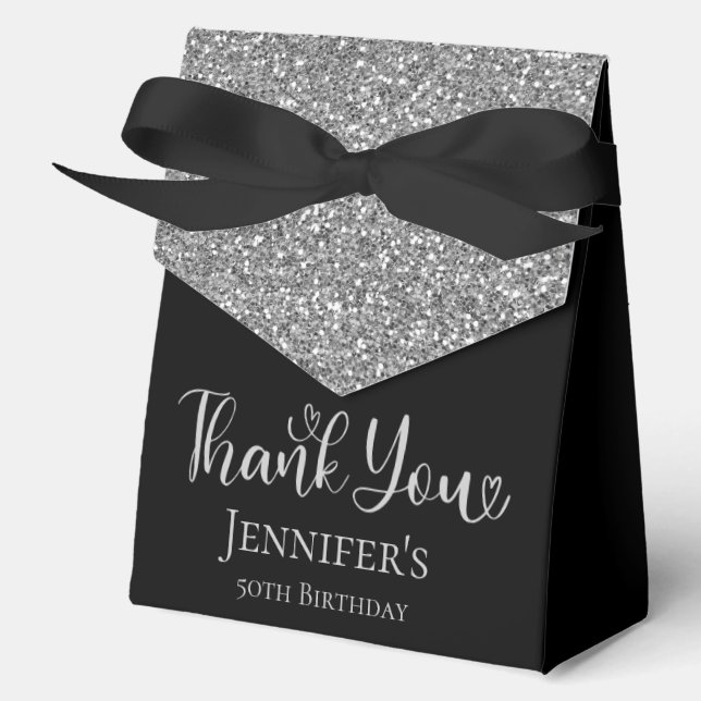 50th Birthday Silver Glitter Thank You Favor Boxes (Front)