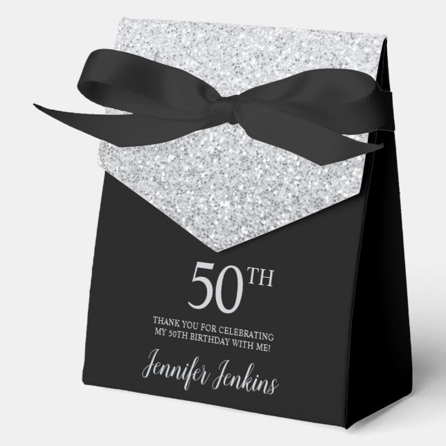 50th Birthday Silver Glitter Thank You Favor Boxes (Front)