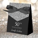 50th Birthday Silver Glitter Thank You Favor Boxes<br><div class="desc">This fabulous modern 50th Birthday Silver Glitter Thank You favor box with sparkling silver glitter, the birthday girl's name in a trendy script font, and tied with an elegant black bow would be perfect for your event. It would be great for a candy station, on a thank you gift table,...</div>