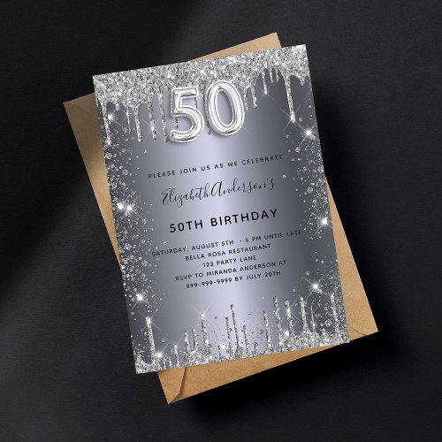 50th birthday silver metal glitter dust glam invitation