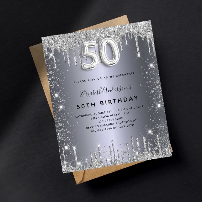 50th birthday silver metal glitter dust glam invitation postcard