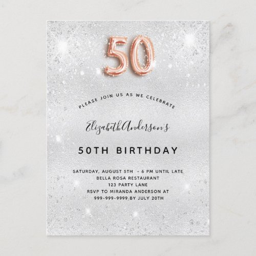50th birthday silver metal rose gold glitter invitation postcard