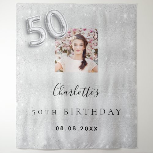 50th birthday silver photo glitter dust welcome tapestry