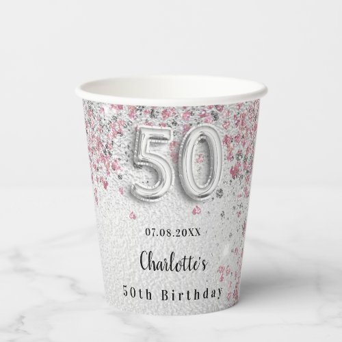 50th birthday silver pink glitter name paper cups