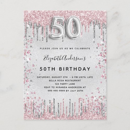 50th birthday silver pink metal glitter dust  invitation postcard