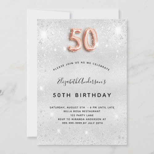 50th birthday silver rose gold glitter invitation