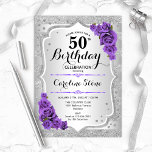 50th Birthday - Silver Stripes Purple Roses Invitation<br><div class="desc">50th Birthday Invitation. Elegant floral design in silver and purple. Features faux glitter silver stripes,  purple roses stylish script font and confetti. Perfect for a glam birthday party.</div>