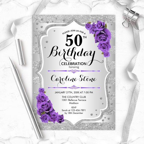 50th Birthday _ Silver Stripes Purple Roses Invitation