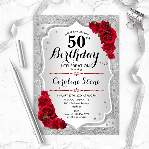 50th Birthday _ Silver Stripes Red Roses Invitation