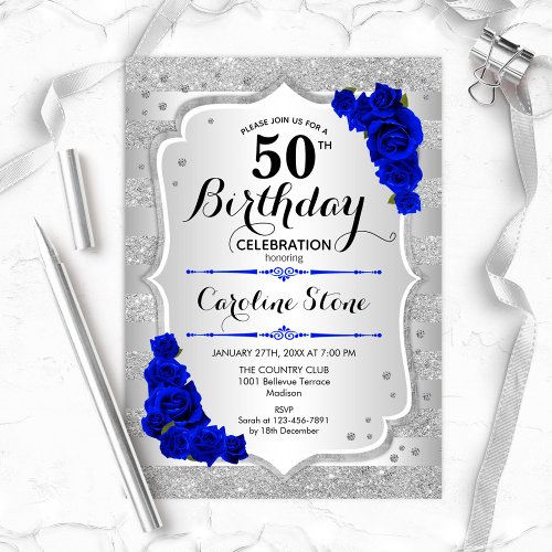 50th Birthday _ Silver Stripes Royal Blue Roses Invitation