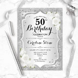50th Birthday - Silver Stripes White Roses Invitation<br><div class="desc">50th Birthday Invitation. Elegant floral design in silver and white. Features faux glitter silver stripes,  white roses stylish script font and confetti. Perfect for a glam birthday party.</div>