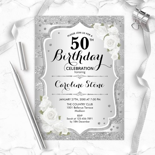 50th Birthday _ Silver Stripes White Roses Invitation