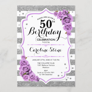 50th Birthday - Silver White Stripes Purple Roses Invitation