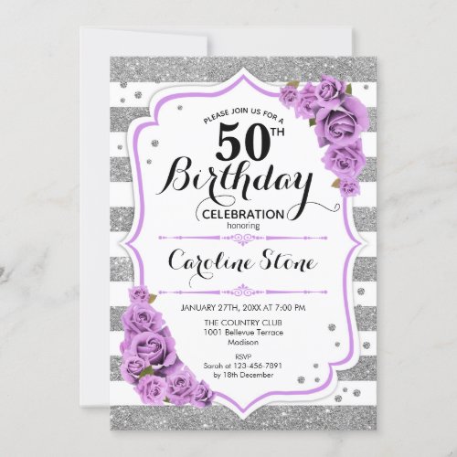 50th Birthday _  Silver White Stripes Purple Roses Invitation