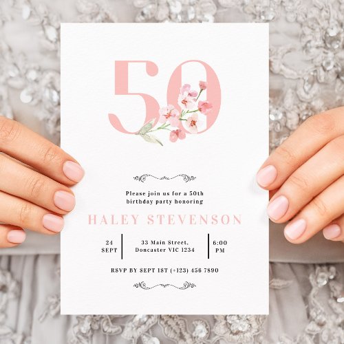 50th Birthday Simple Pink  White Floral Elegant Invitation