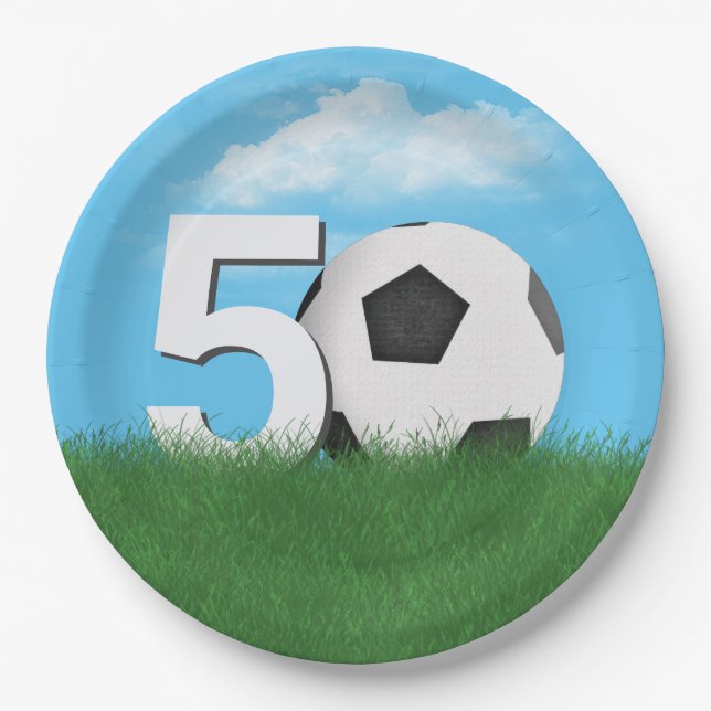 50th Birthday Soccer Ball In Green Grass Paper Plates (Front)