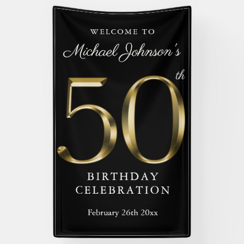 50th Birthday Solid Gold Black Typography Elegant Banner
