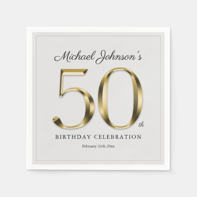 50th Birthday Solid Gold Text Light Gray Classy Napkins (Front)