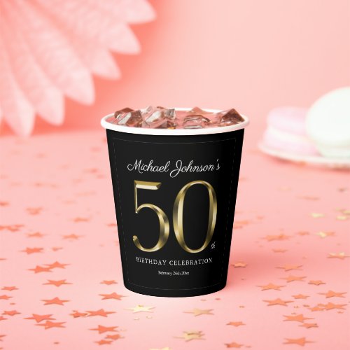 50th Birthday Solid Gold Typography Classy Black P Paper Cups