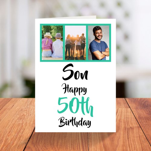 50th Birthday Son Green Modern Photo Collage Card