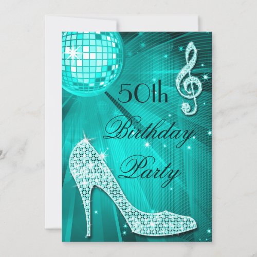 50th Birthday Sparkle Heels and Teal Disco Ball Invitation