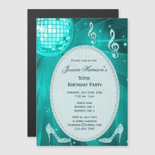 50th Birthday Sparkle Heels and Teal Disco Ball Magnetic Invitation