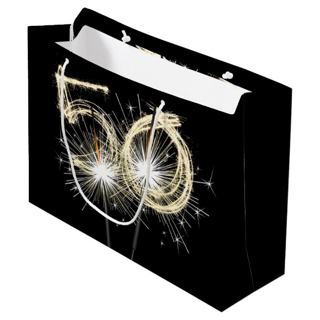 50th Birthday Sparklers On Black Large Gift Bag (Front Angled)