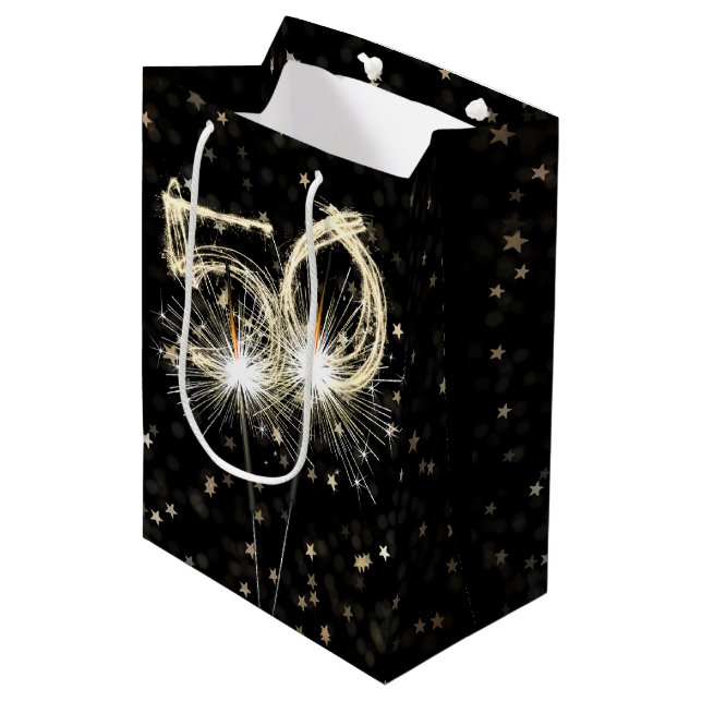 50th Birthday Sparklers on Black With Stars Medium Gift Bag (Front Angled)