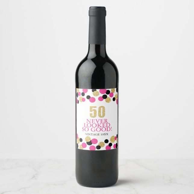 50th Birthday Sparkling Gold Glitter Pink Confetti Wine Label (Front)